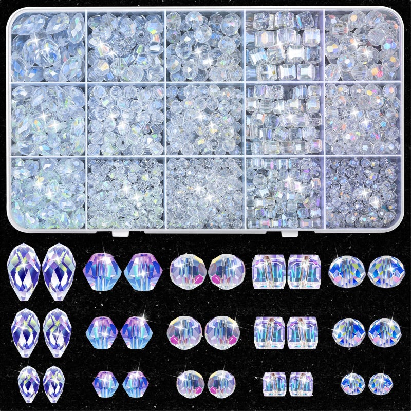 Thrilez 900 Pieces Glass Crystal Beads for Jewelry Making, Assorted Crystal Beads for Bracelets, Jewelry, DIY Crafts or Home Ornaments(Clear Crystal AB Color) - Image 1
