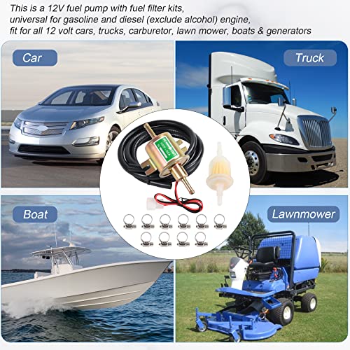 JDMSPEED Universal Electric Fuel Pump Kit 12v 3-6 PSI Low Pressure with Fuel Filters 10 Hose Clamps 6.56 FT 5/16" ID Fuel Line Replacement For Carburetor Lawn Mower Gas Diesel Transfer Pump - Image 2