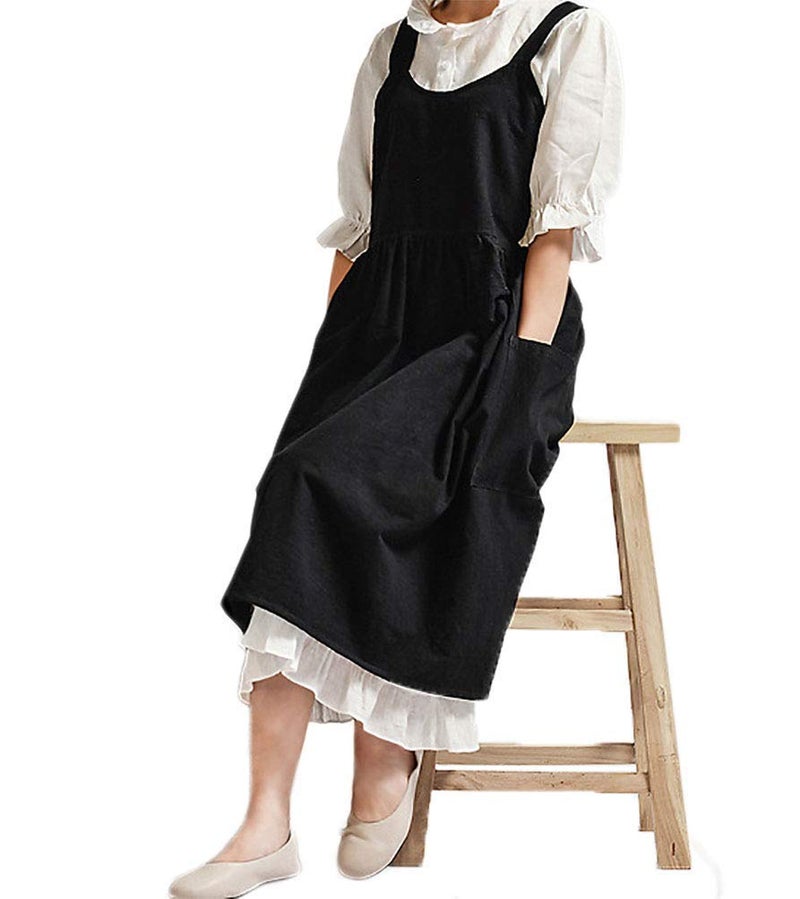 losofar Women Girls Vintage Cute Apron Gardening Works Cross Back Cotton/Linen Blend Aprons Pinafore Dress with Two Pockets (black) - Image 3