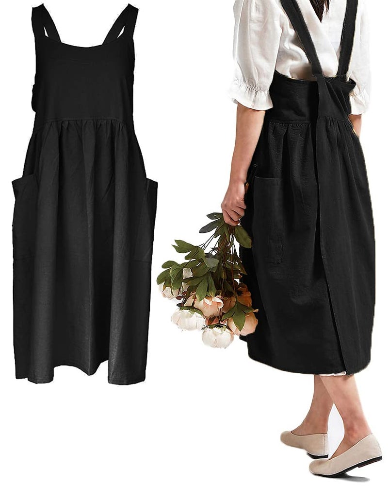 losofar Women Girls Vintage Cute Apron Gardening Works Cross Back Cotton/Linen Blend Aprons Pinafore Dress with Two Pockets (black) - Image 1