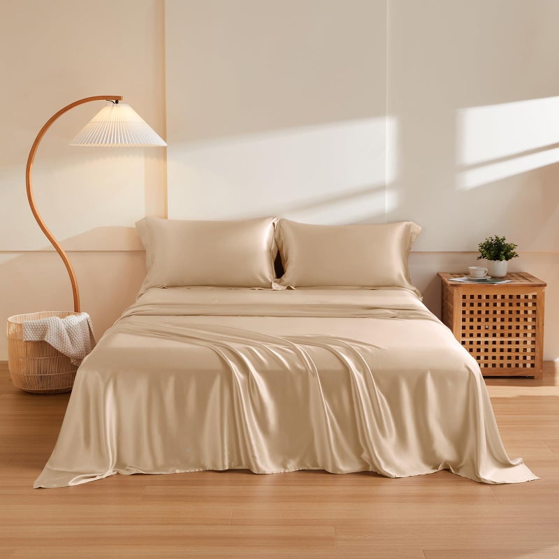 THXSILK Silk Sheet Set 4Pcs 6A Top Grade 100 Natural Mulberry Silk Bed Sheets Luxury Bedding Sets Ultra Soft Durable Cooling 1 Fitted Sheet 1 Flat Sheet and 2 Pillow Shams Queen Champagne