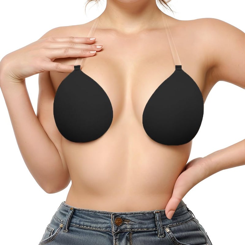 Sexy Code 1701 Invisible Adhesive Push-Up Bra Sticky Strapless Bra with Clear Halter Neck Strap for Backless Dresses/Tops(D413-Black-A - Image 1