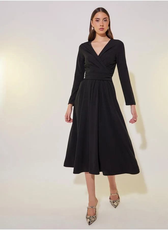 Styli Solid Wrap Front Midi Dress with Tie-Up Back