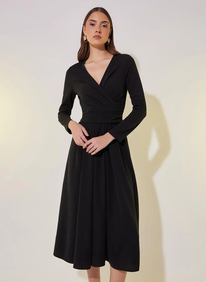 Take Two Solid Wrap Front Midi Dress with Tie-Up Back