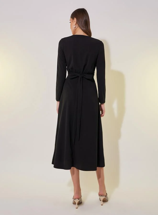 Take Two Solid Wrap Front Midi Dress with Tie-Up Back
