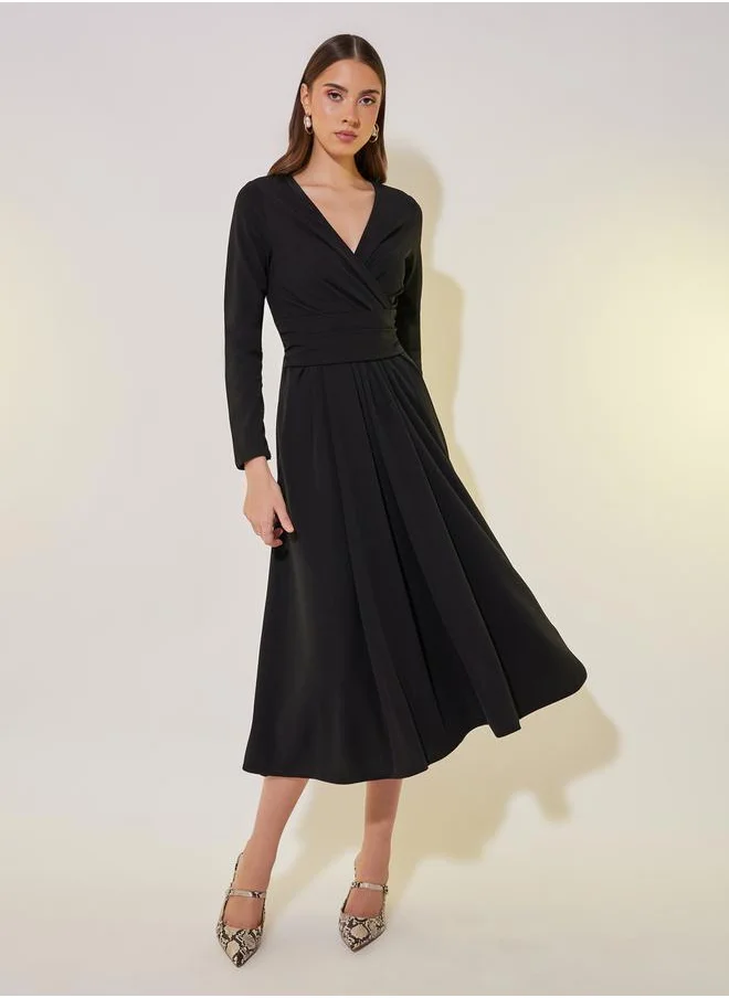 Styli Solid Wrap Front Midi Dress with Tie-Up Back