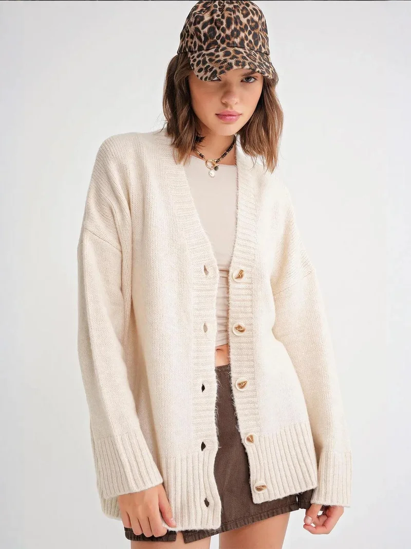MixRay Mixray Buttoned V-Neck Ribbed Knit Cardigan
