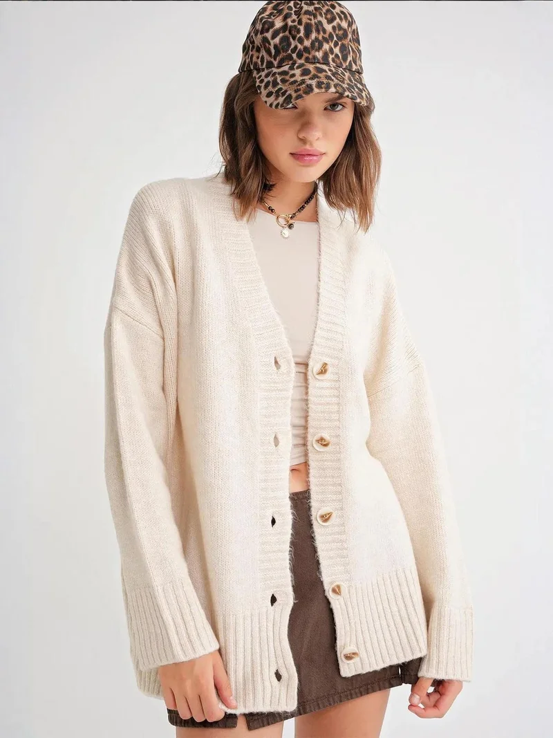 MixRay Mixray Buttoned V-Neck Ribbed Knit Cardigan