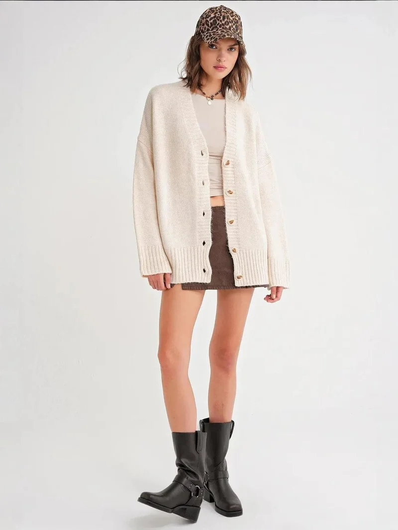 MixRay Mixray Buttoned V-Neck Ribbed Knit Cardigan
