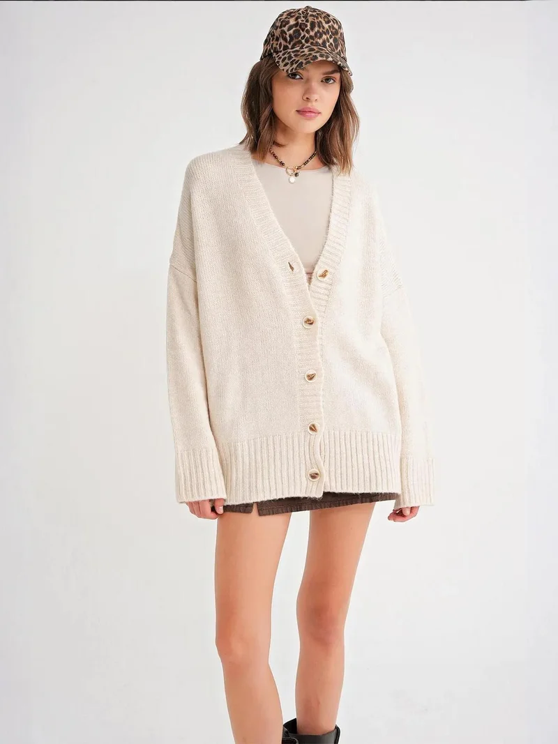 Mixray Ivory Natural Mixray Buttoned V-Neck Ribbed Knit Cardigan for Women | Best Price UAE