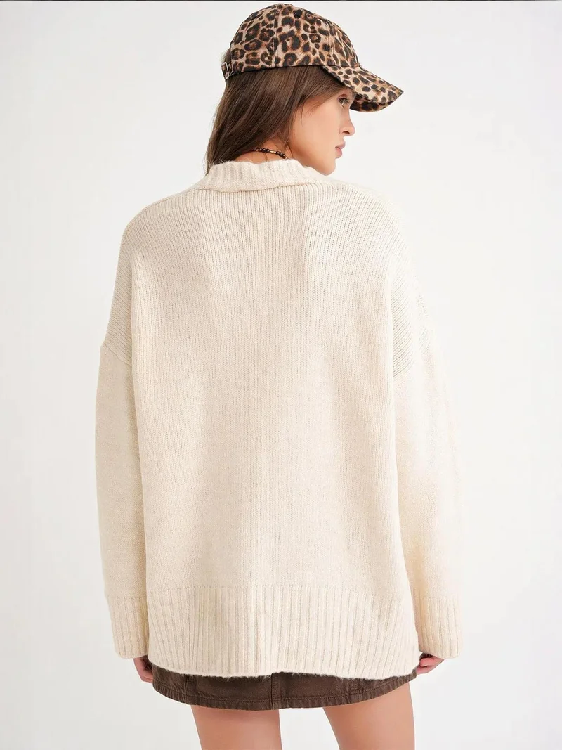 Mixray Ivory Natural Mixray Buttoned V-Neck Ribbed Knit Cardigan for Women | Best Price UAE