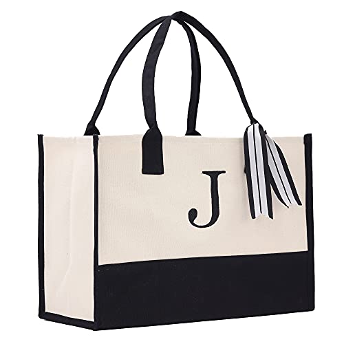 VANESSA ROSELLA Monogram Tote Bag with 100% Cotton Canvas and a Chic Personalized Monogram (Black Block Letter - J) - Image 1