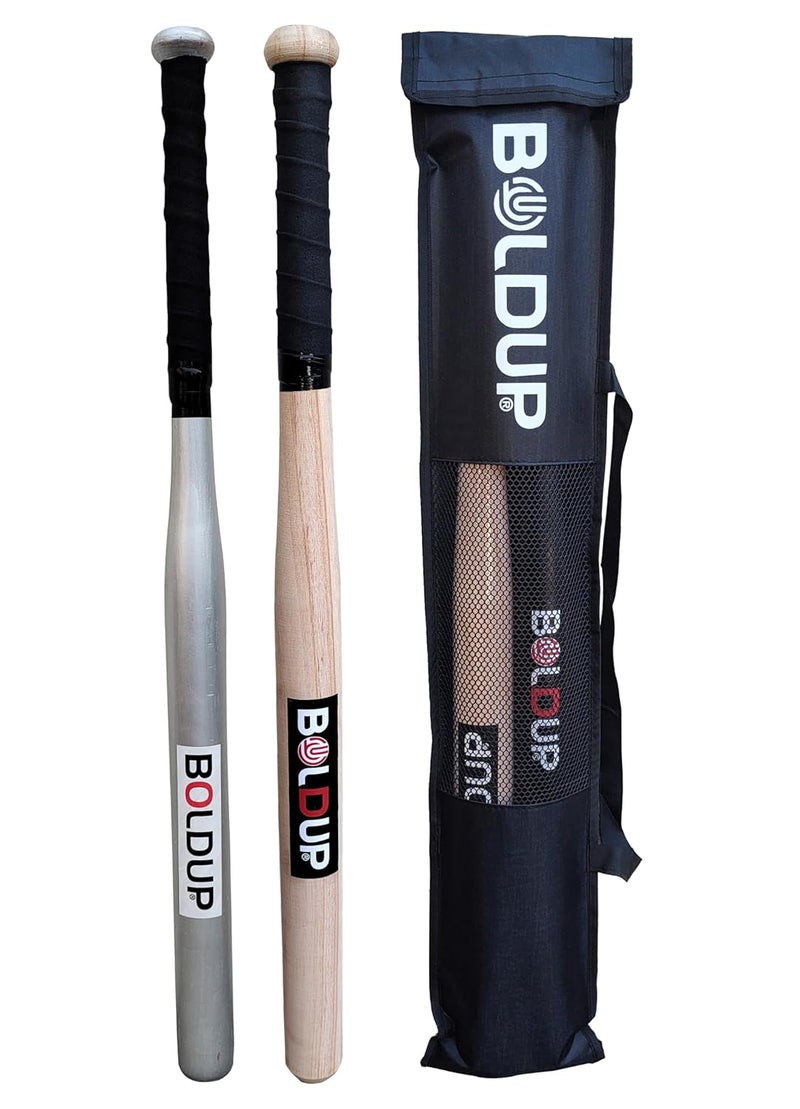 IFOLDUP ® Heavy Duty Wooden Baseball Bat - Durable Solid Wood for Home Safety and Self Defense ((Combo of 2 Basebat Silver+Wooden with Cover)) - Image 1