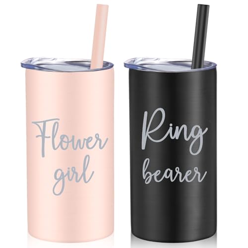 Sieral 2 Pcs 16 oz Flower Ring Bearer Tumbler Cup Stainless Steel Cup with Straw Water Bottle Gift Idea for Wedding Party(Black, Pink) - Image 1