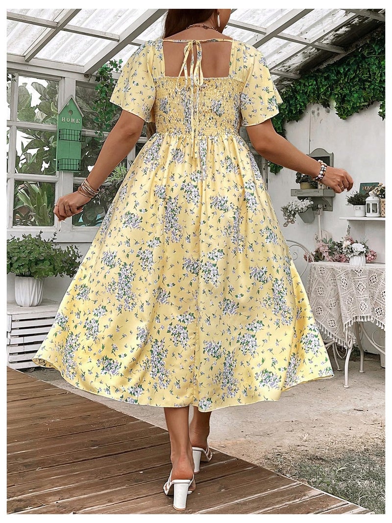 Floerns Women's Plus Size Floral Square Neck Flounce Short Sleeve A Line Maxi Dress Yellow 1XL - Image 2