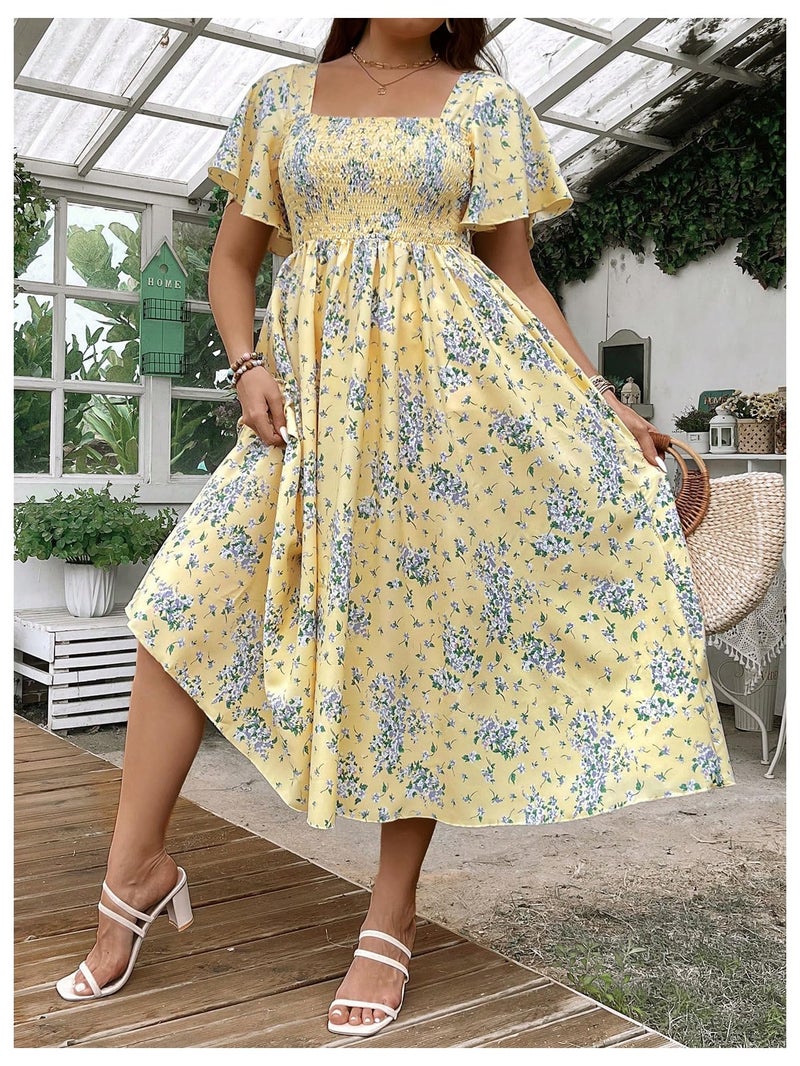Floerns Women's Plus Size Floral Square Neck Flounce Short Sleeve A Line Maxi Dress Yellow 1XL - Image 5