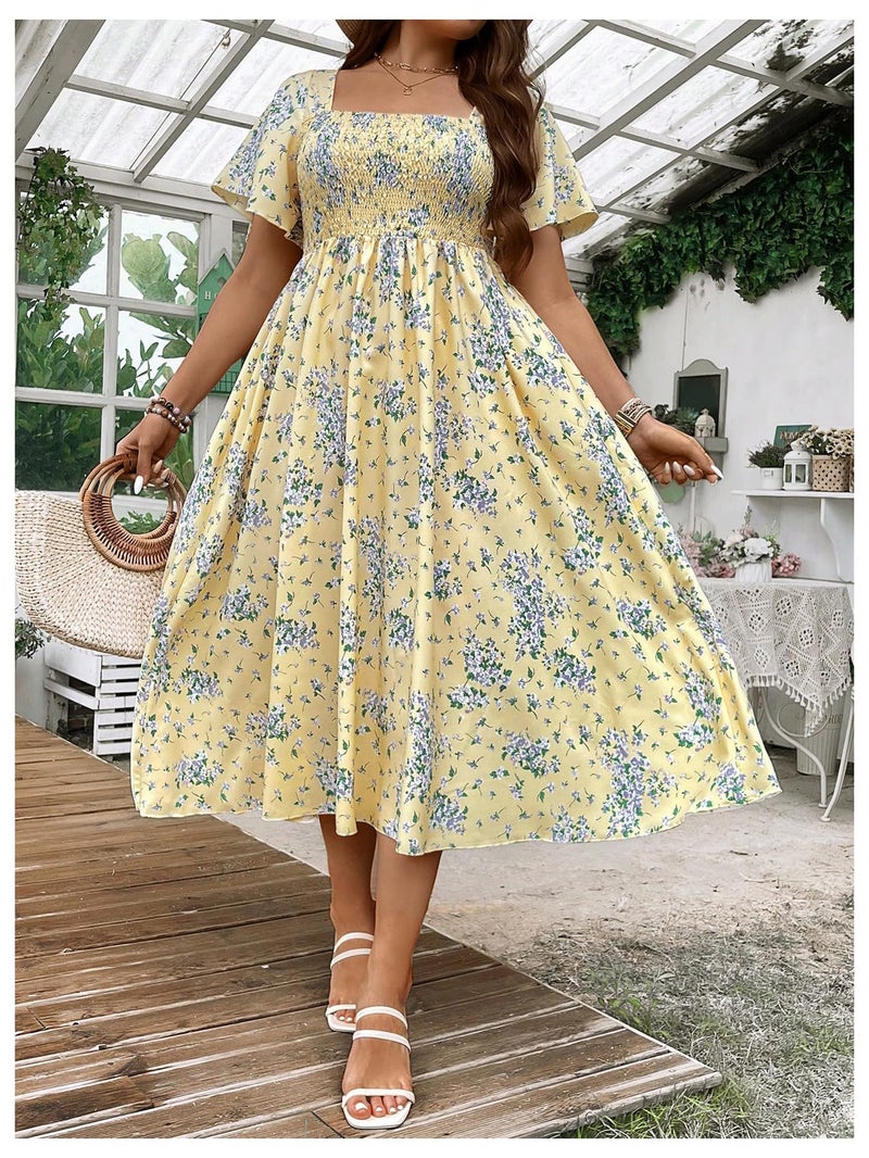 Floerns Women's Plus Size Floral Square Neck Flounce Short Sleeve A Line Maxi Dress Yellow 1XL - Image 3