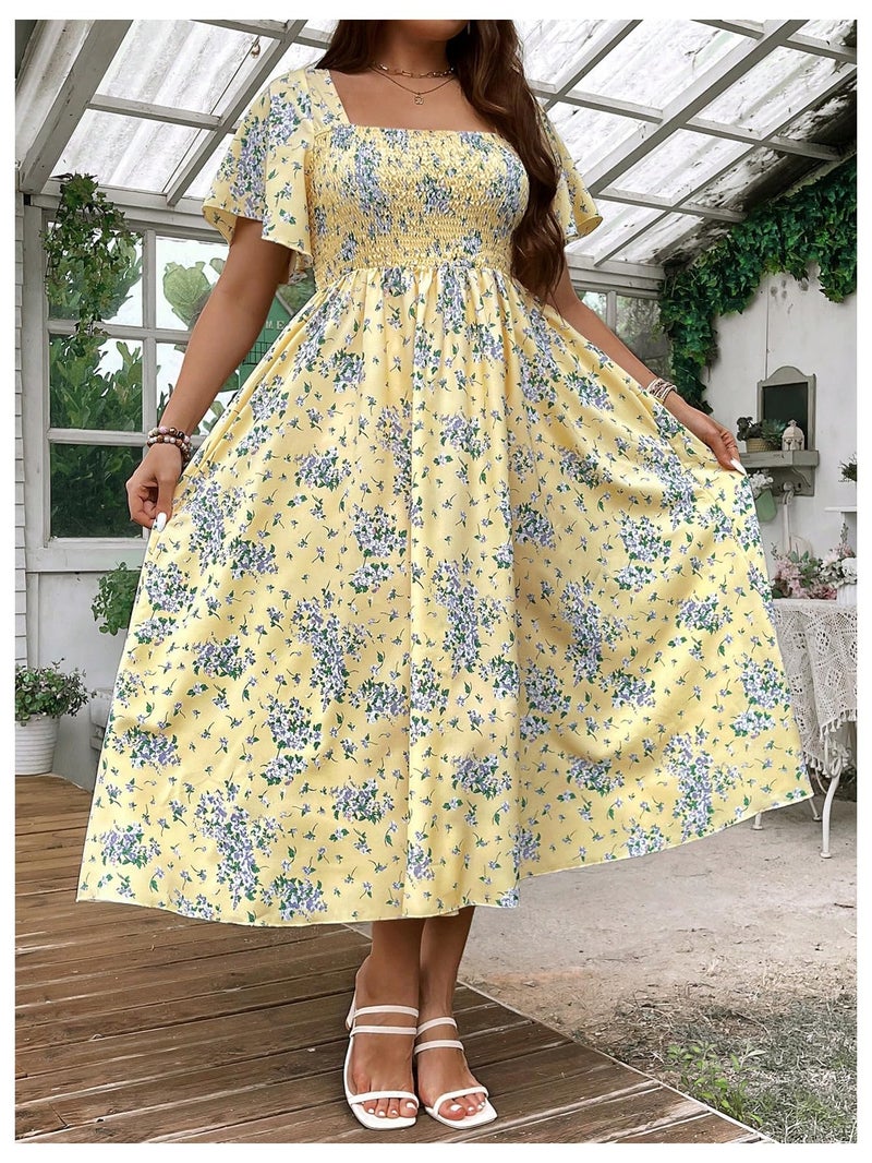 Floerns Women's Plus Size Floral Square Neck Flounce Short Sleeve A Line Maxi Dress Yellow 1XL - Image 4
