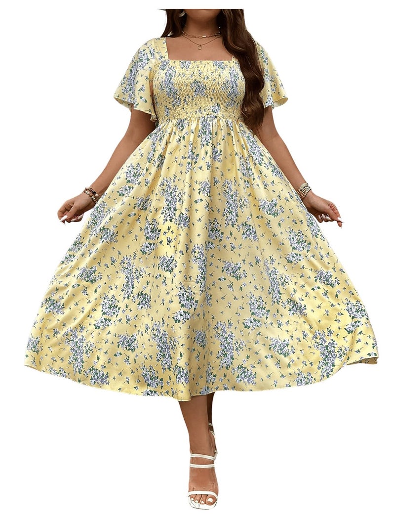 Floerns Women's Plus Size Floral Square Neck Flounce Short Sleeve A Line Maxi Dress Yellow 1XL - Image 1