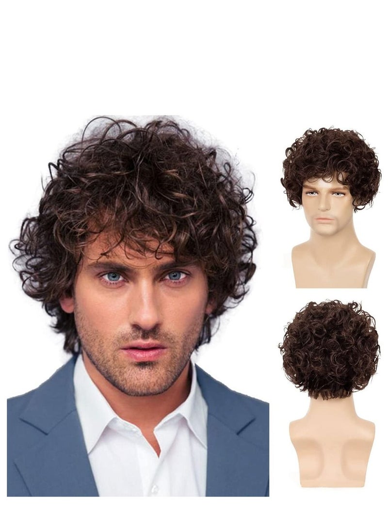 NIBEMINENT Mens Wigs Curly Short Brown Layered Wig Syntheric Replacement Cosplay Costume Party Daily Wear Hair with Cap, Natural Looking Heat Resistant Synthetic - Image 1
