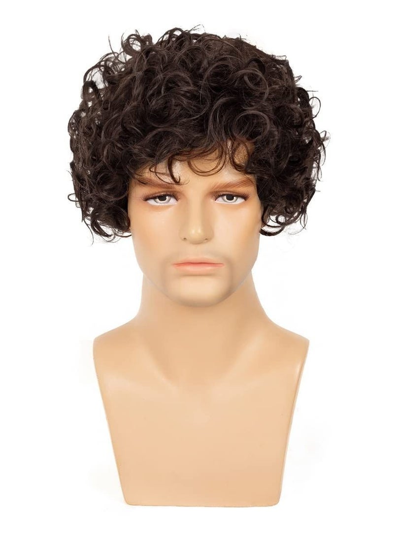 NIBEMINENT Mens Wigs Curly Short Brown Layered Wig Syntheric Replacement Cosplay Costume Party Daily Wear Hair with Cap, Natural Looking Heat Resistant Synthetic - Image 2