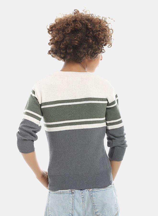 Andora Crew Neck Stripped Pullover-Beige &Navy &Green - Image 3