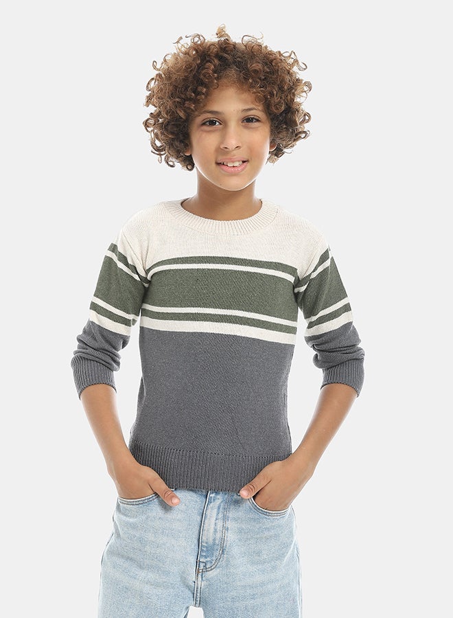 Andora Crew Neck Stripped Pullover-Beige &Navy &Green - Image 1