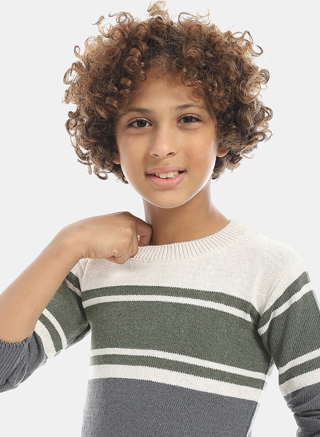 Andora Crew Neck Stripped Pullover-Beige &Navy &Green - Image 4