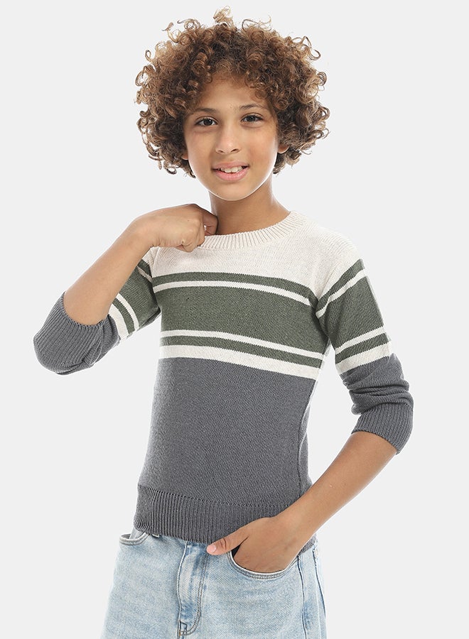 Andora Crew Neck Stripped Pullover-Beige &Navy &Green - Image 2
