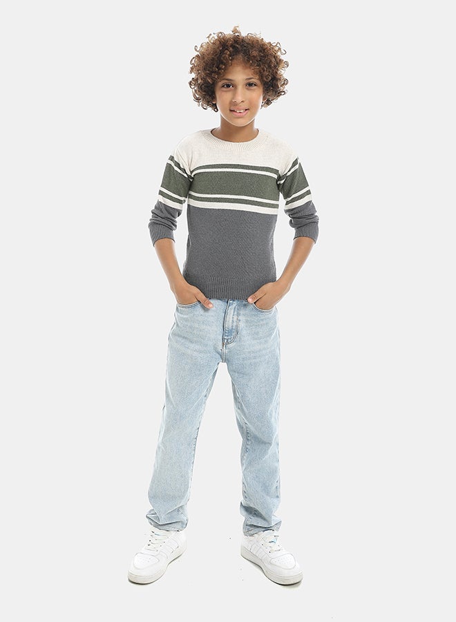 Andora Crew Neck Stripped Pullover-Beige &Navy &Green - Image 5