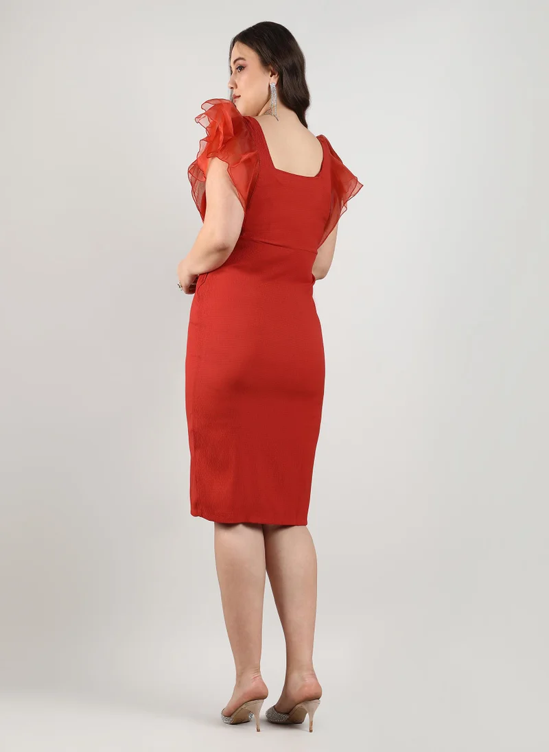 Instafab Plus Solid Dress With Organza Detail