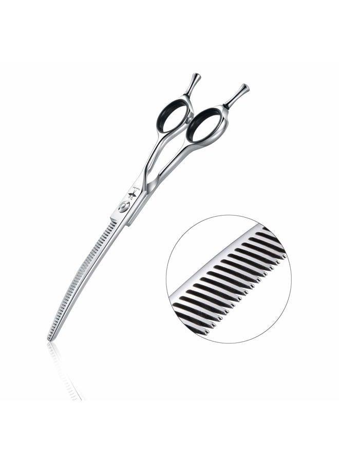 PURPLEBIRD 6.5 Inch Downward Curved Dog Grooming Scissors Pet Thinning Texturizing Shears Professional Safety Blunt Tip Trimming Shearing for Dogs Cats Face Paws Limbs Japanese Stainless Steel Silver - Image 1