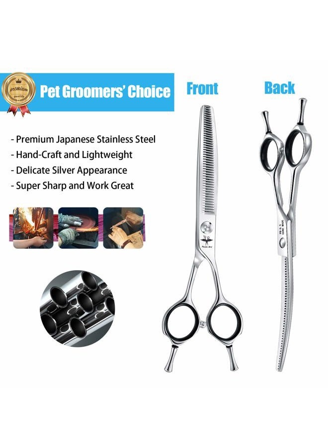 PURPLEBIRD 6.5 Inch Downward Curved Dog Grooming Scissors Pet Thinning Texturizing Shears Professional Safety Blunt Tip Trimming Shearing for Dogs Cats Face Paws Limbs Japanese Stainless Steel Silver - Image 4