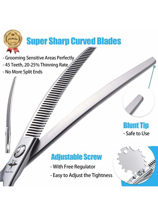 PURPLEBIRD 6.5 Inch Downward Curved Dog Grooming Scissors Pet Thinning Texturizing Shears Professional Safety Blunt Tip Trimming Shearing for Dogs Cats Face Paws Limbs Japanese Stainless Steel Silver - Image 2