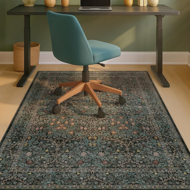 JTJ 48"x60" Dark Green Office Chair Mat for Hardwood & Tile Floor, Vintage Floral Washable Under Desk Rug with Anti-Slip Backing & Ultra Soft, Floor Protector for Rolling Chairs, Stain Resistant - Image 1