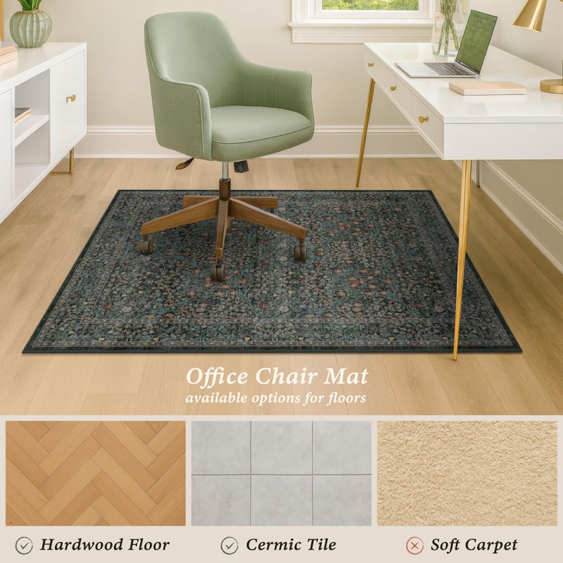 JTJ 48"x60" Dark Green Office Chair Mat for Hardwood & Tile Floor, Vintage Floral Washable Under Desk Rug with Anti-Slip Backing & Ultra Soft, Floor Protector for Rolling Chairs, Stain Resistant - Image 5