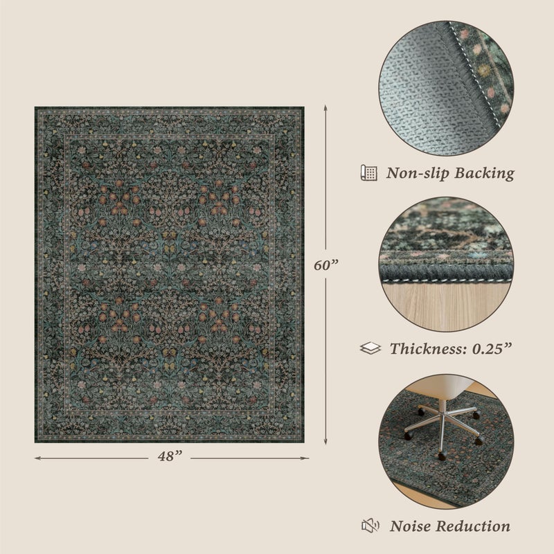 JTJ 48"x60" Dark Green Office Chair Mat for Hardwood & Tile Floor, Vintage Floral Washable Under Desk Rug with Anti-Slip Backing & Ultra Soft, Floor Protector for Rolling Chairs, Stain Resistant - Image 2