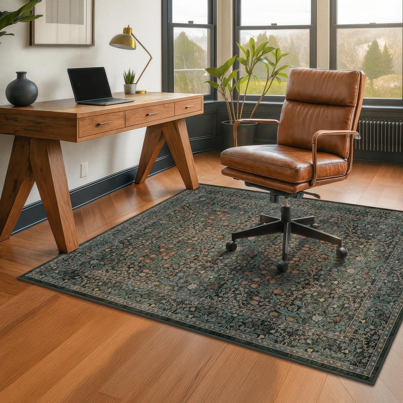 JTJ 48"x60" Dark Green Office Chair Mat for Hardwood & Tile Floor, Vintage Floral Washable Under Desk Rug with Anti-Slip Backing & Ultra Soft, Floor Protector for Rolling Chairs, Stain Resistant - Image 3
