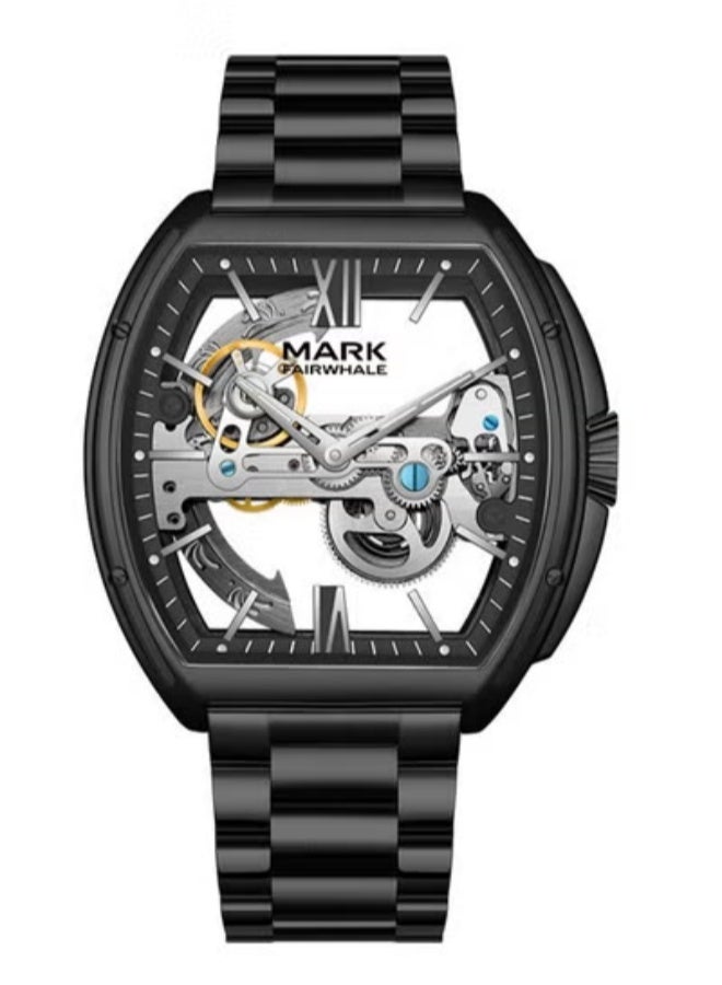 Mark Fairwhale Men's Unique Skeleton Mechanical Watch - Water Resistant, Luminous, Black Dial & Black Steel Bracelet