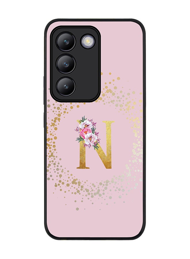 Stylizedd Rugged Black edge case for Vivo V30 Lite 5G, Slim fit Flexible Cover -  Custom Monogram Initial Letter Floral Pattern Alphabet - N  (Pink )  - Image 1