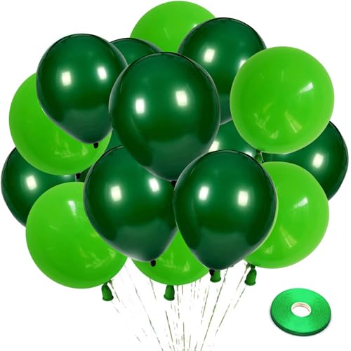 Zesliwy Green Latex Party Balloons 100pcs 12 inch Dark Green Balloons And Light Green Balloons with Green Ribbon for Jungle Safari Theme Birthday Party St Patricks Day Party