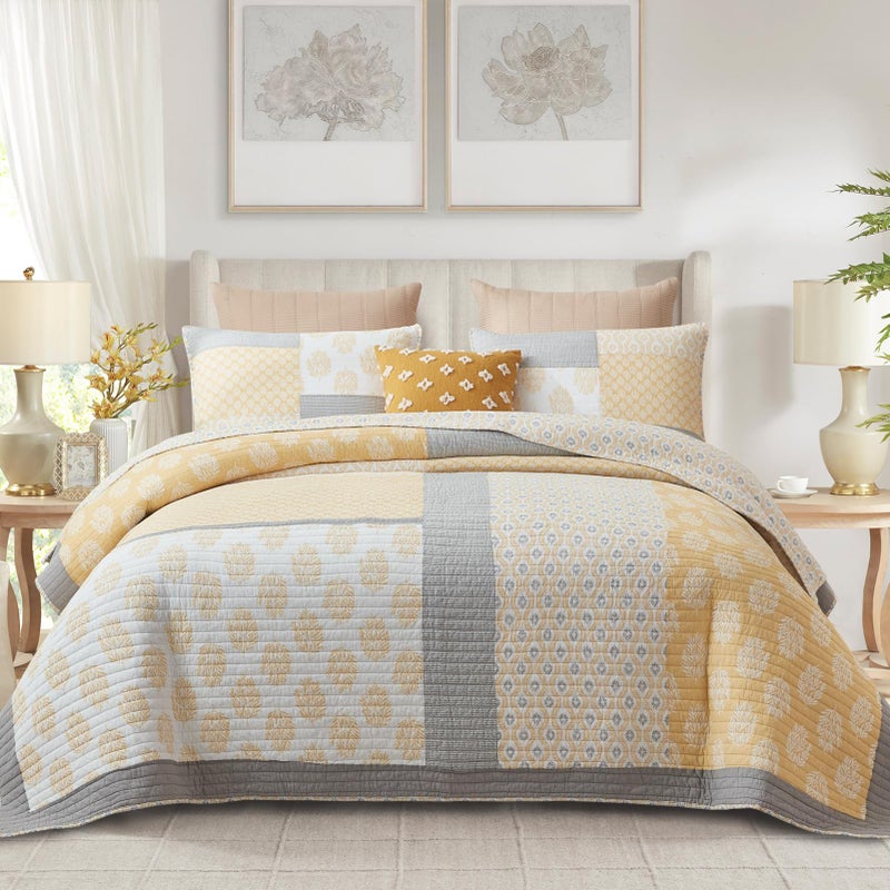 Finlonte Finlonte King Size Quilt 100 Cotton Comforter King Size Yellow Grey Farmhouse Quilted Bedspread Patchwork Lightweight Reversible Quilt Bedding Set for King Bed 3Pieces 