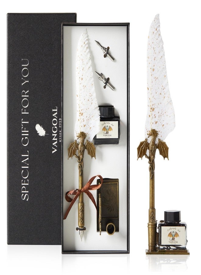VANGOAL Dragon Quill Pen and Ink Set, Vintage Dragon Feather with Novelty Pen Base, Retro Carving Dip Pen Calligraphy Gift Set for Writing, Drawing, Desktop Decoration (White) - Image 1