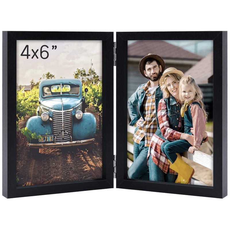 AEVETE 4x6 Picture Frames Double Hinged Wood Folding Photo Frames Vertical with Real Glass Front  Gold - Image 1