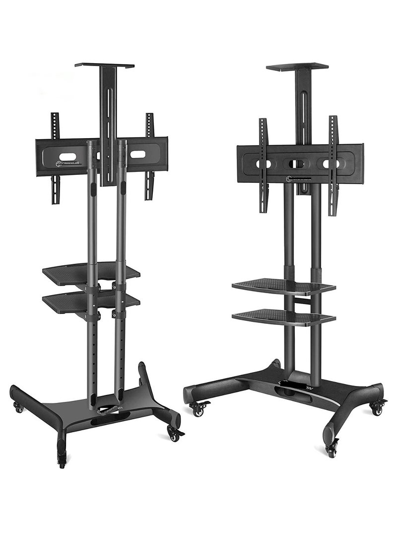 TechFort Mobile TV Stand With Dual Shelf Lockable Wheels For 40 - 70 TV Black - Image 2