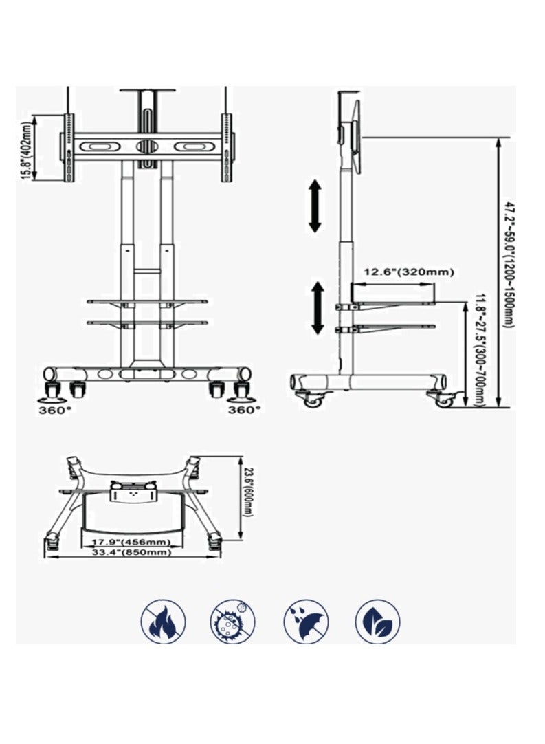 TechFort Mobile TV Stand With Dual Shelf Lockable Wheels For 40 - 70 TV Black - Image 3