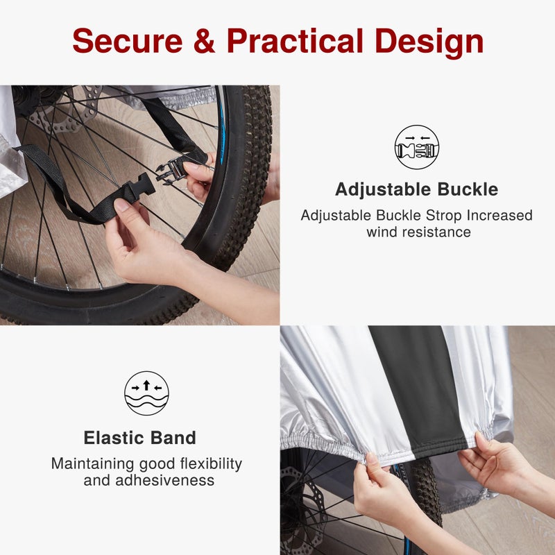 Puroma Bike Cover for 1 bike, 190T Outdoor Waterproof Bicycle Covers Rain Sun UV Dust Wind Proof with Lock Hole for Mountain Road Electric Bike (Silver & Black) - Image 3