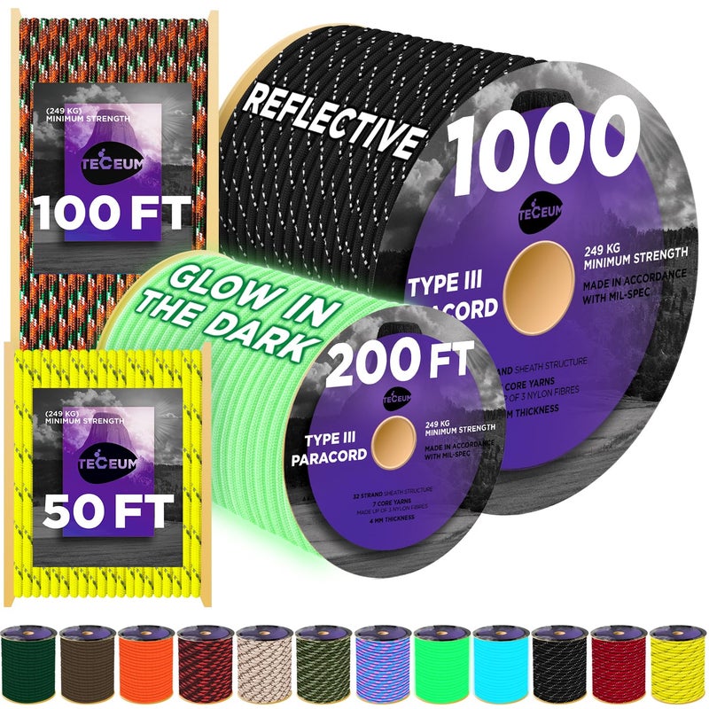 TECEUM Paracord Type III 550 Black â€“ 100 ft â€“ 4mm â€“ Tactical Rope MIL-SPEC â€“ Outdoor para Cord â€“Camping Hiking Fishing Gear and Equipment â€“ EDC Parachute Cord â€“ Strong Survival Rope 016b - Image 1