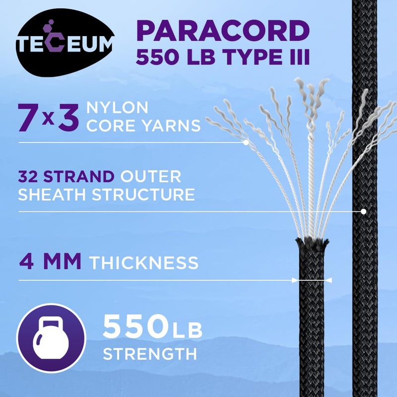 TECEUM Paracord Type III 550 Black â€“ 100 ft â€“ 4mm â€“ Tactical Rope MIL-SPEC â€“ Outdoor para Cord â€“Camping Hiking Fishing Gear and Equipment â€“ EDC Parachute Cord â€“ Strong Survival Rope 016b - Image 2