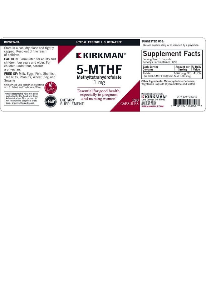 Kirkman 5-MTHF - Hypoallergenic - 120 Vegetarian Capsules - folic Acid Essential for Good Health - Image 3